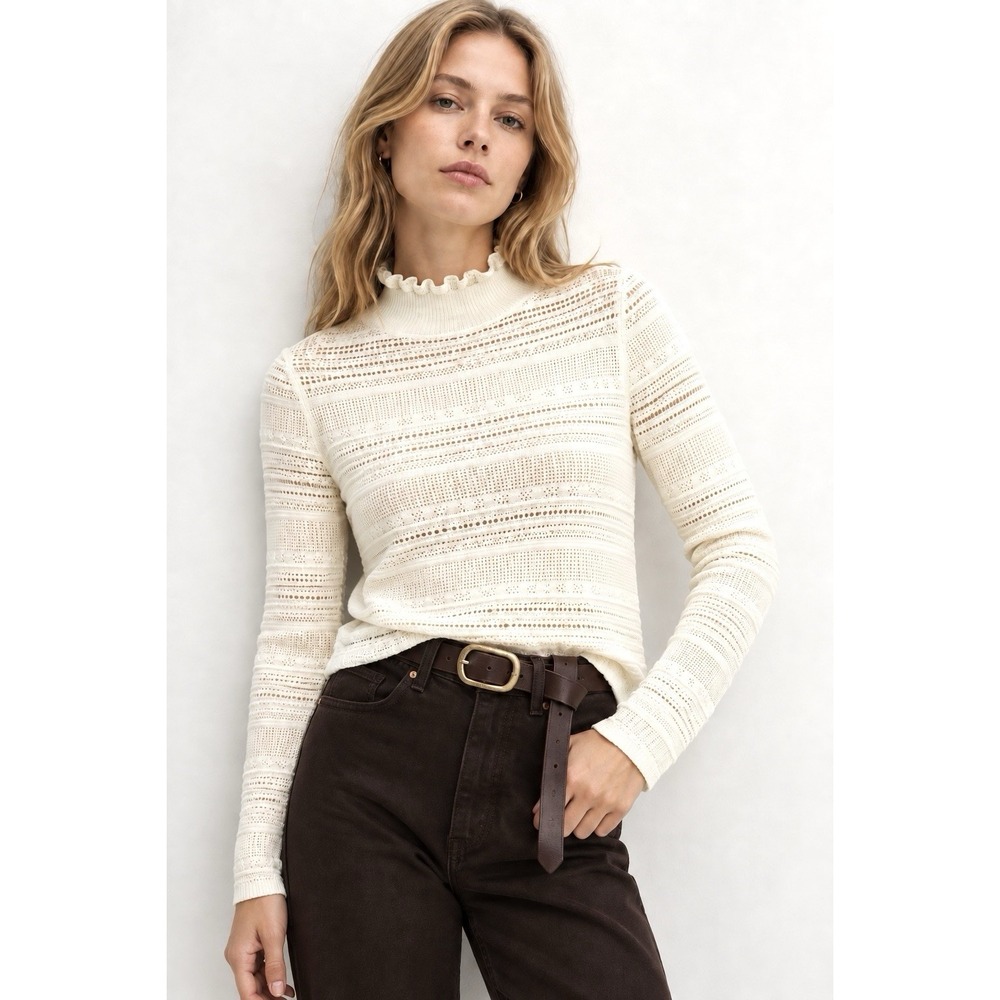 SEZANE Ecru Pointelle Openwork Ruffle Neck Merino Wool Cotton Sweater M